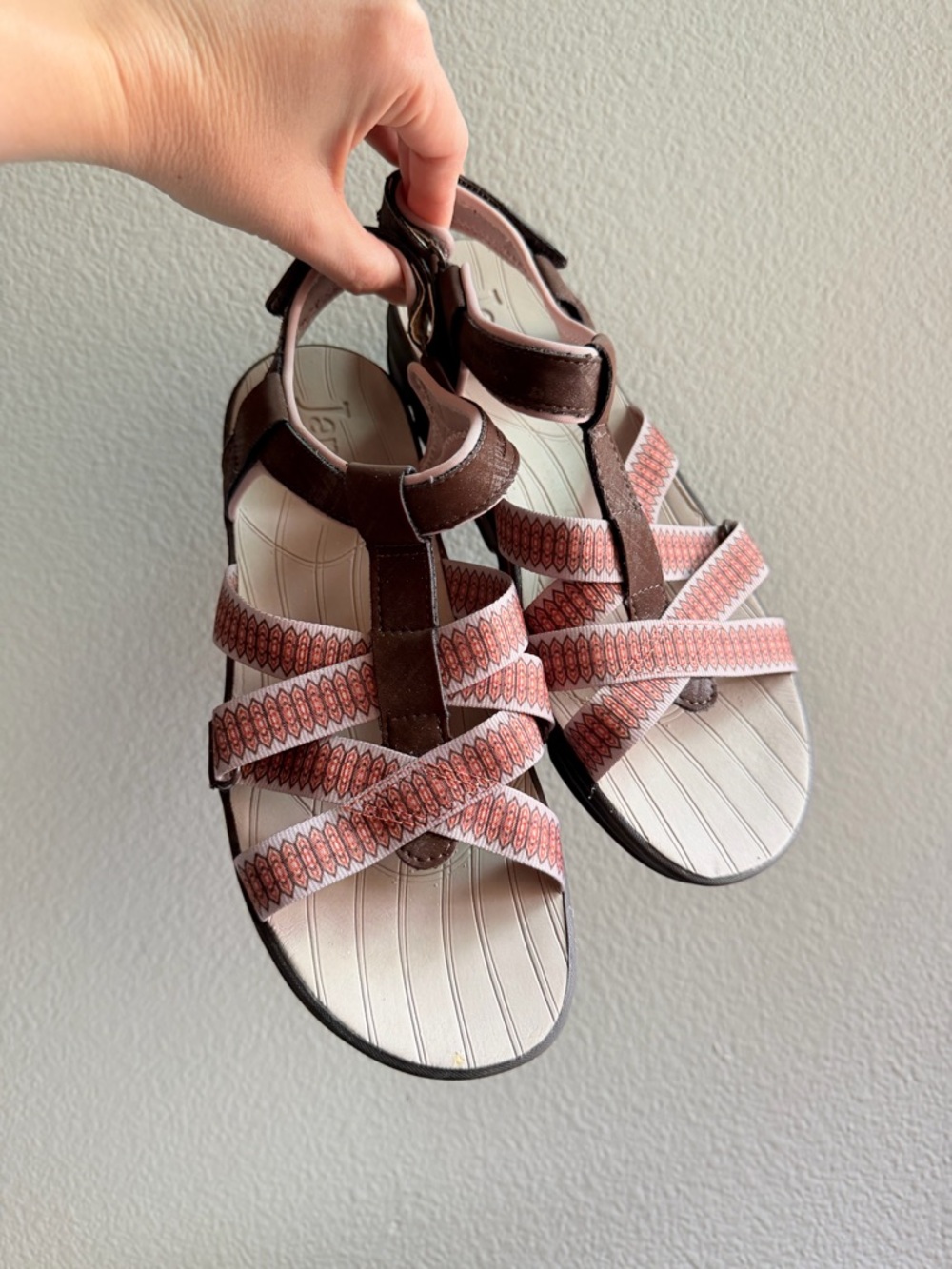 Jambu multi strap brown and peach women sandle with an adjustable Velcro back